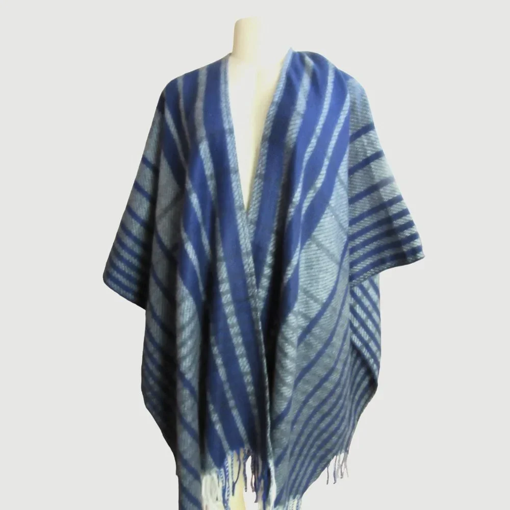 Woolrich One Size Blue Stripe Blanket Style Ponch Shawl w Fringe, Super Soft - Picture 1 of 5